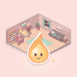 The Lumiroomi app icon: Lumi, a smiling drop of golden light with a white sticker edge, in front of a cosy sitting room on pink.
