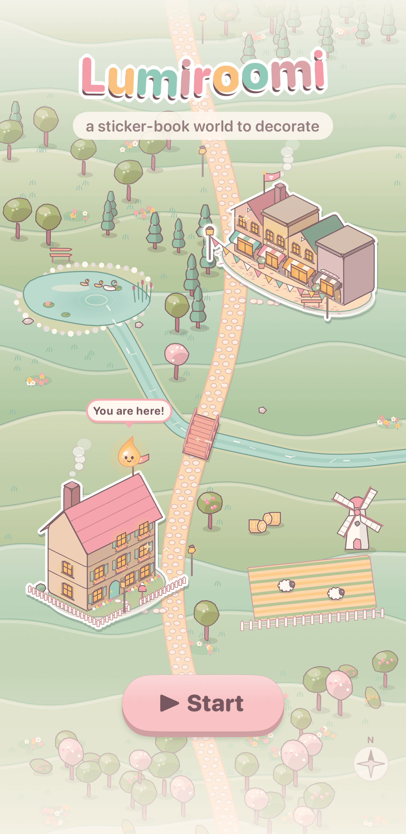 The title over the world map: the name Lumiroomi, a pink-roofed house with Lumi above it, the Village, a duck pond, a windmill, sheep and the Start button.