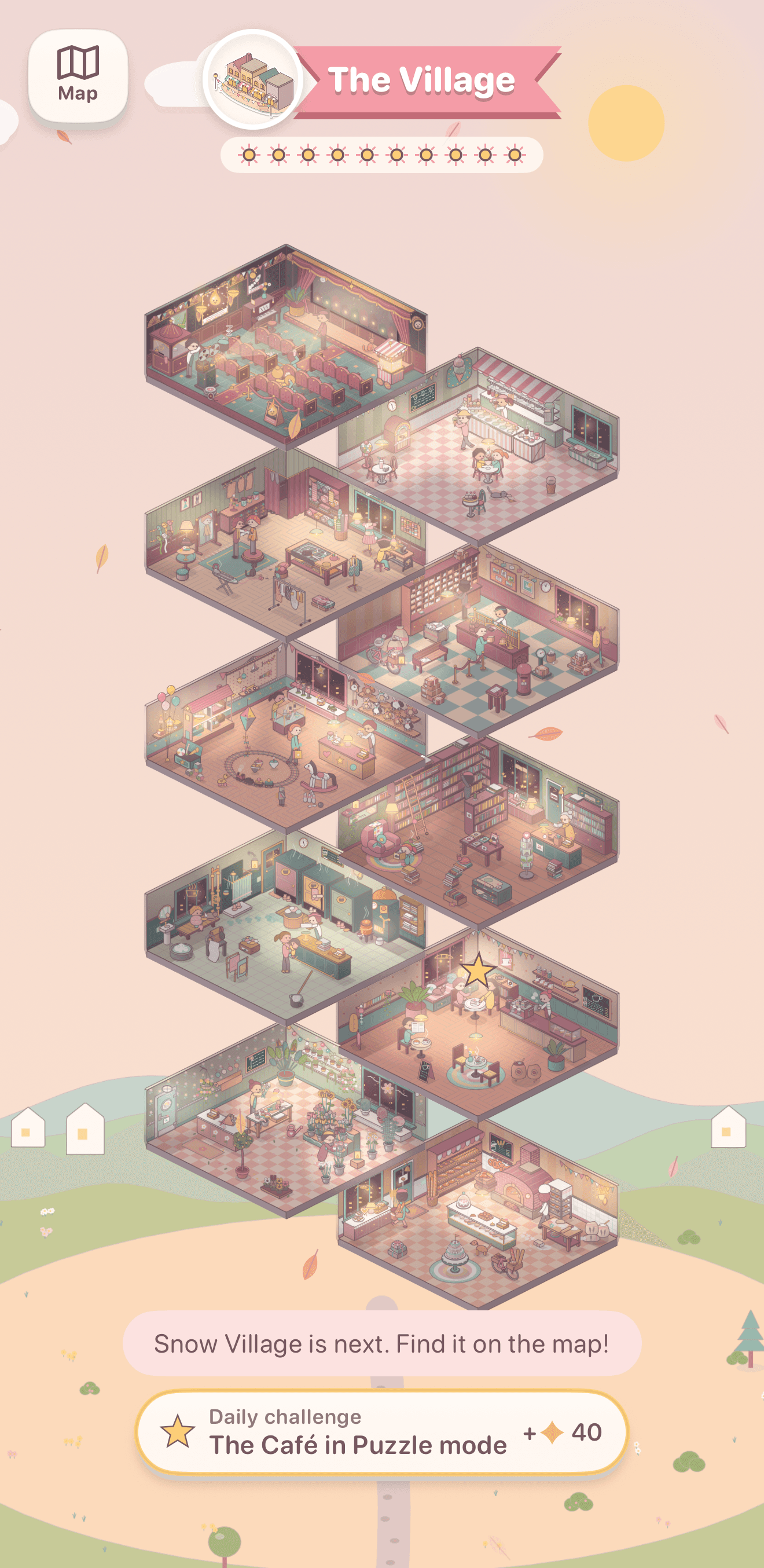 The Village: ten rooms stacked into one tall house, from the bakery at the bottom to the picture house at the top, all ten finished.