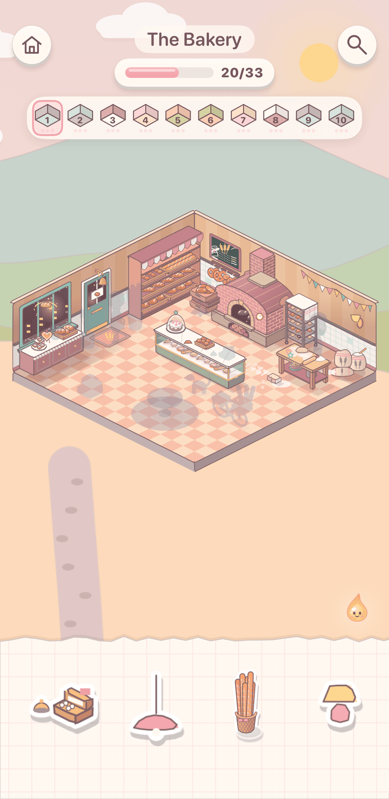 The Bakery being decorated: bread shelves, a brick oven and a glass counter, faint outlines where stickers still go, and the sticker tray along the bottom.