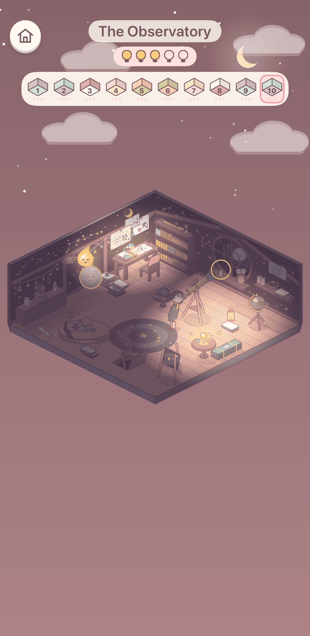 The Observatory finished at night: a girl at the telescope, star charts and bookshelves, someone asleep on a round cushion, and Lumi glowing in the corner.