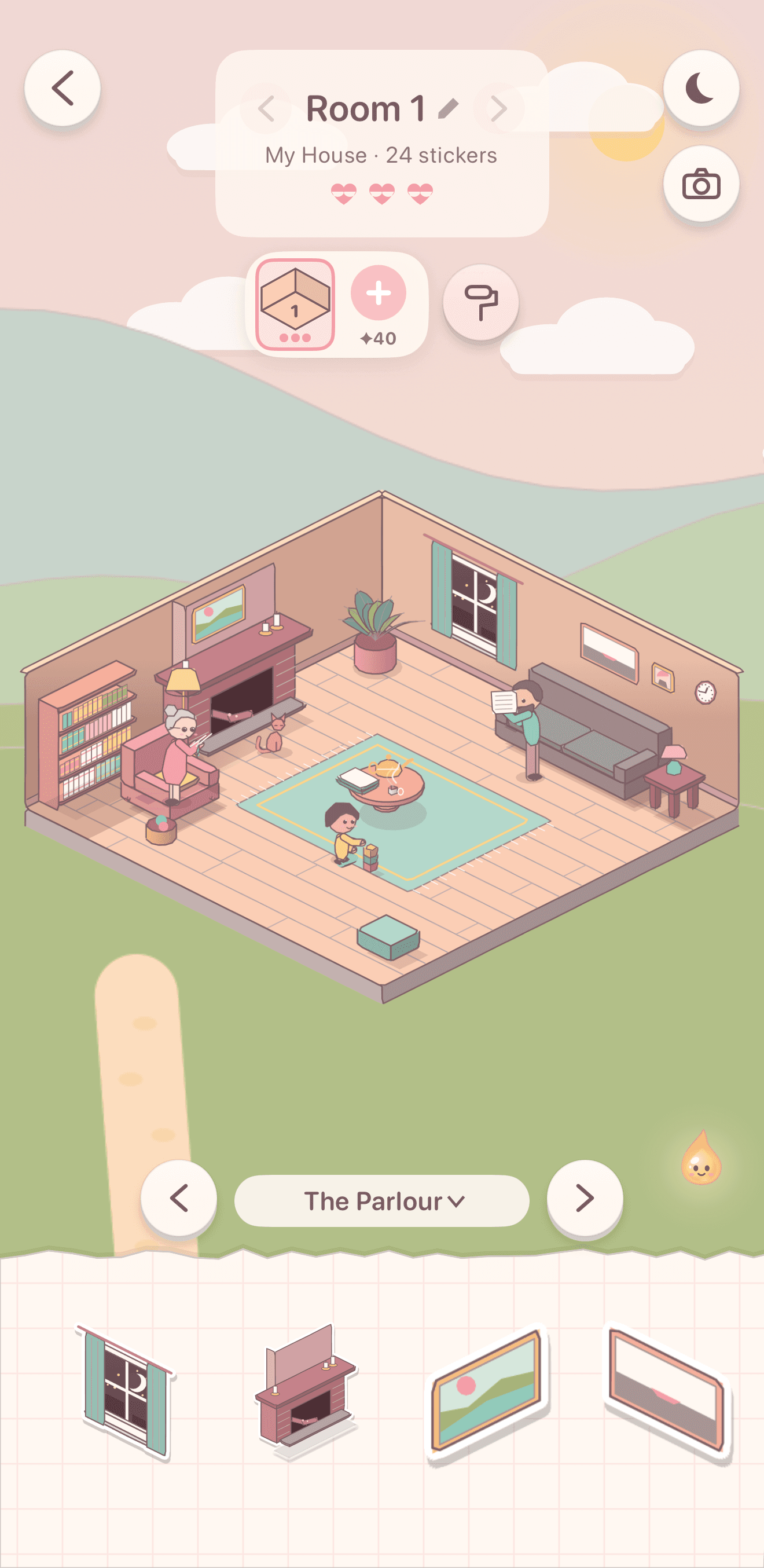 A room of the player's own: a sitting room with a fireplace, an armchair, a sofa and a mint rug, Nana knitting, Dad reading and a toddler with building blocks, and the sticker box below.